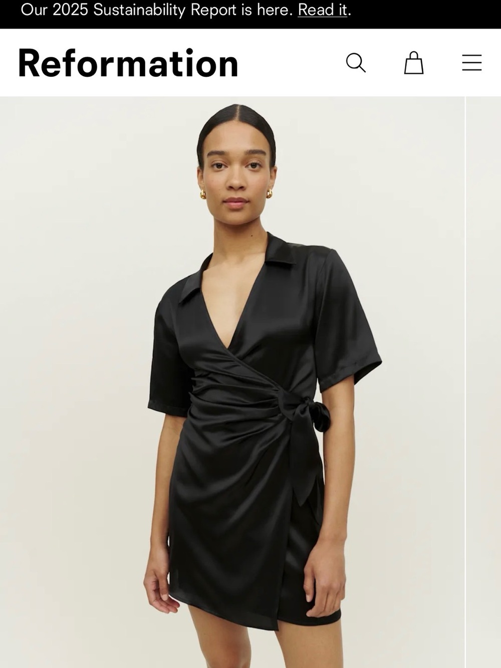 Reformation Black Satin Wrap Mini Dress with Collar and Side Bow